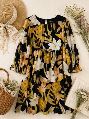 Who What Wear NWOT Babydoll Yellow Pink Black Floral Boho Floral Dress. SMALL